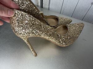 Jewel Badgley Mischka Gold Sparkle Pointed Toe Heels Rhinestone Strap Size 6.5